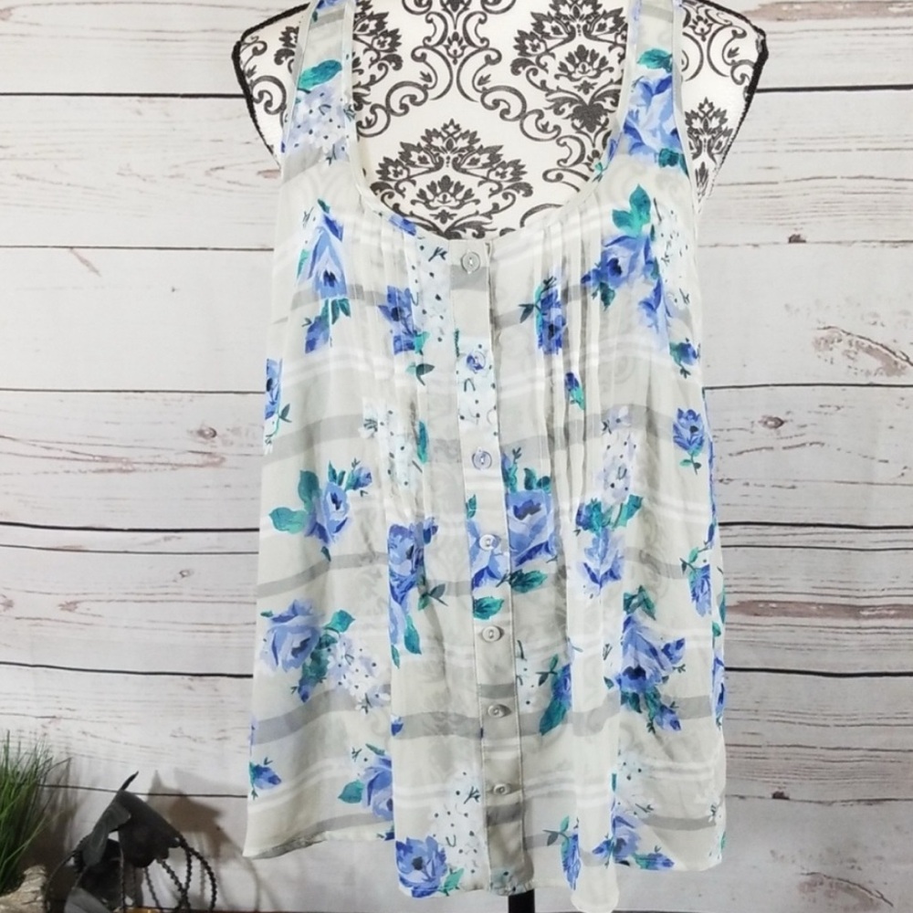 Torrid Blue and Gray Floral Print Sheer Tank